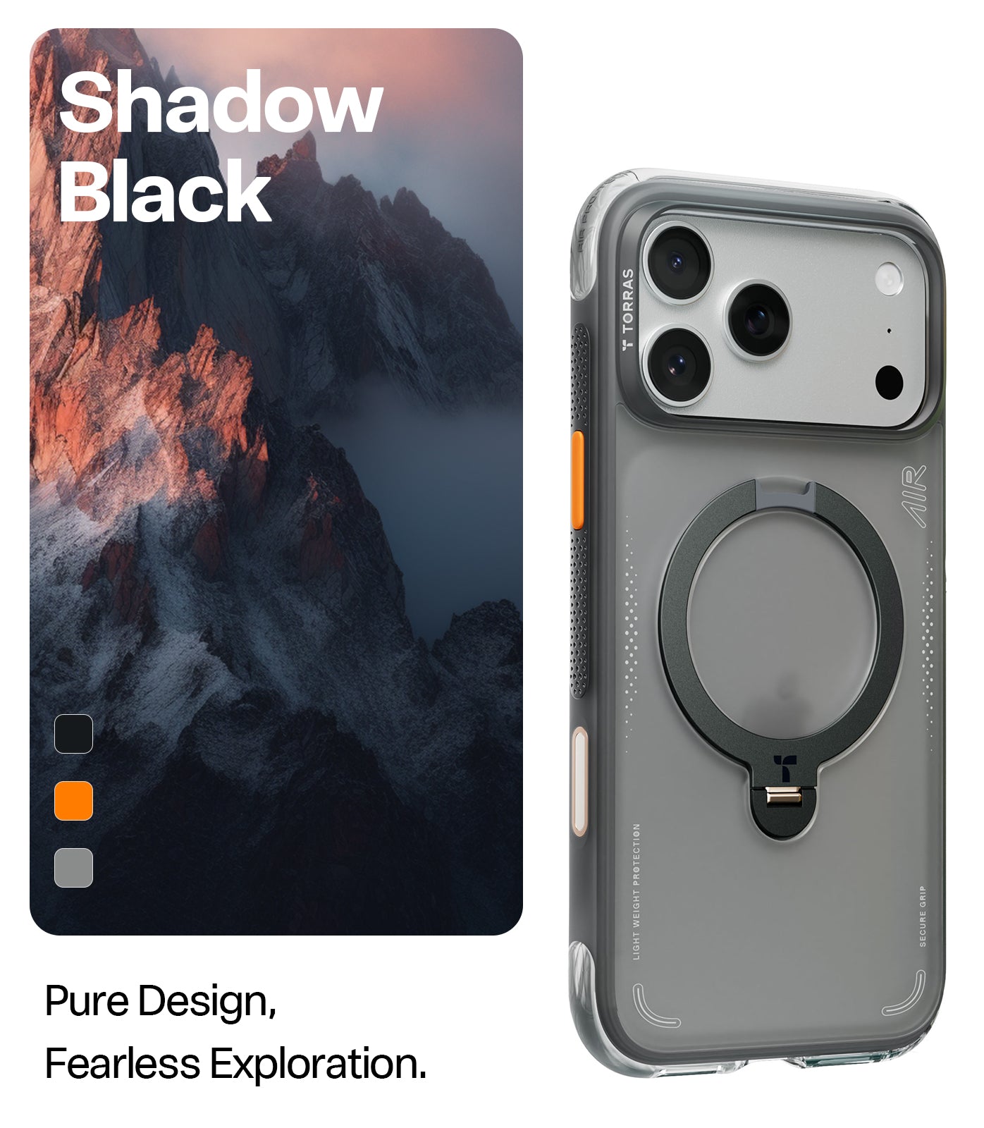 TORRAS Ostand Q3 Air Zwart Hoesje Geschikt voor Apple iPhone 17 Pro Max – Compatibel met MagSafe – 360° Draaibare Magnetische Standaard – Back Cover Kickstand Ring – AirCushion Hoeken - Shockproof NIEUW!