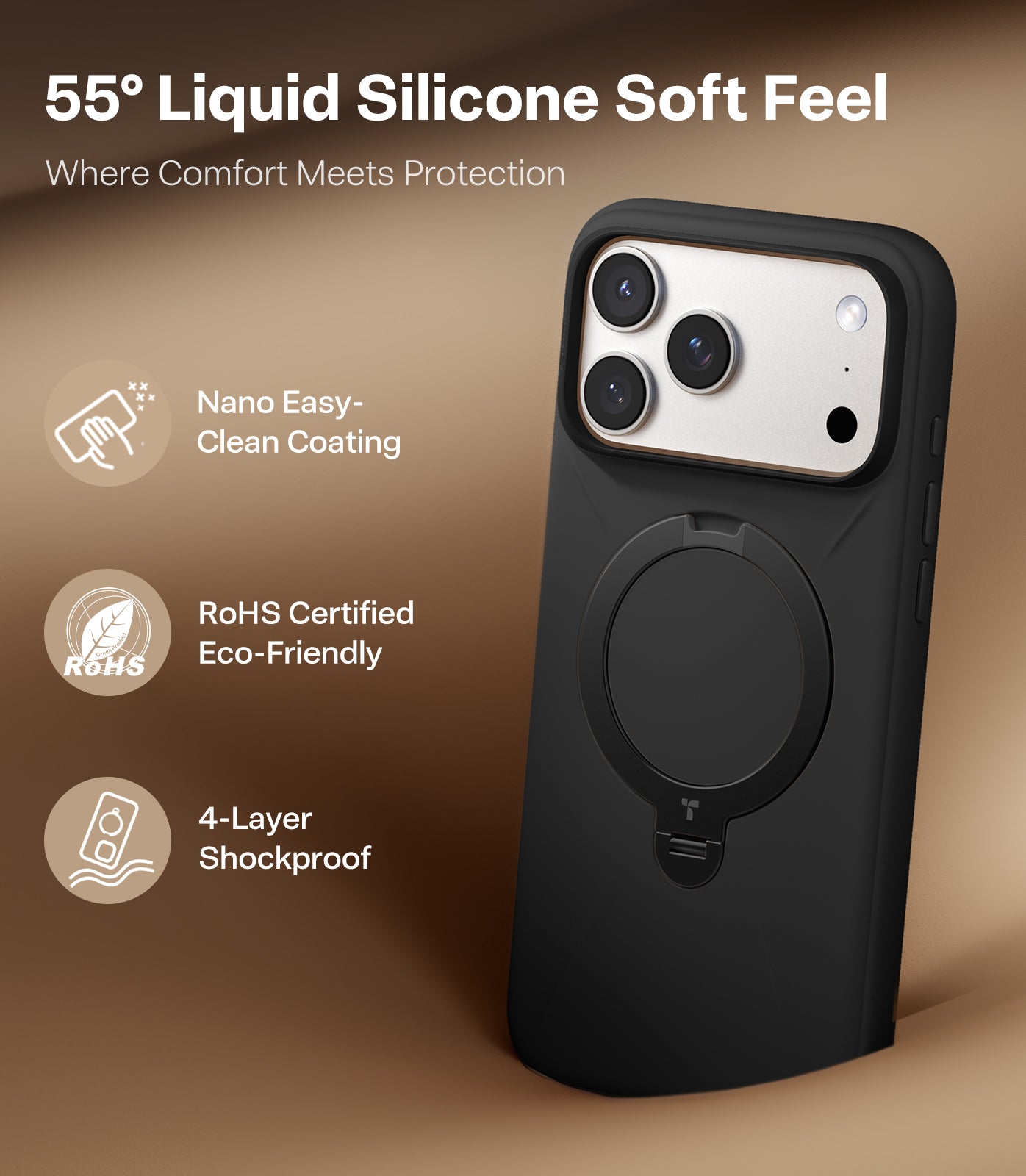 TORRAS Ostand Q Pro Silicone - Hoesje Geschikt voor Apple iPhone 17 Pro en 17 Pro Max - Zwart, Blauw en Oranje - Compatibel met MagSafe - 360° Draaibare Magnetische Standaard - Back Cover Kickstand Ring - NIEUW!