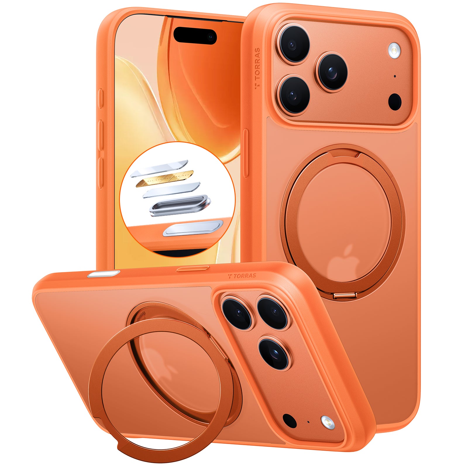 TORRAS Hoesje Geschikt voor Apple iPhone 17, 17 Pro en 17 Pro Max - Zwart, doorzichtig, oranje en blauw - UPro Ostand Pro - Compatibel met MagSafe - Back Cover met Magneet - 360° Draaibare Ring Standaard - Nieuw!