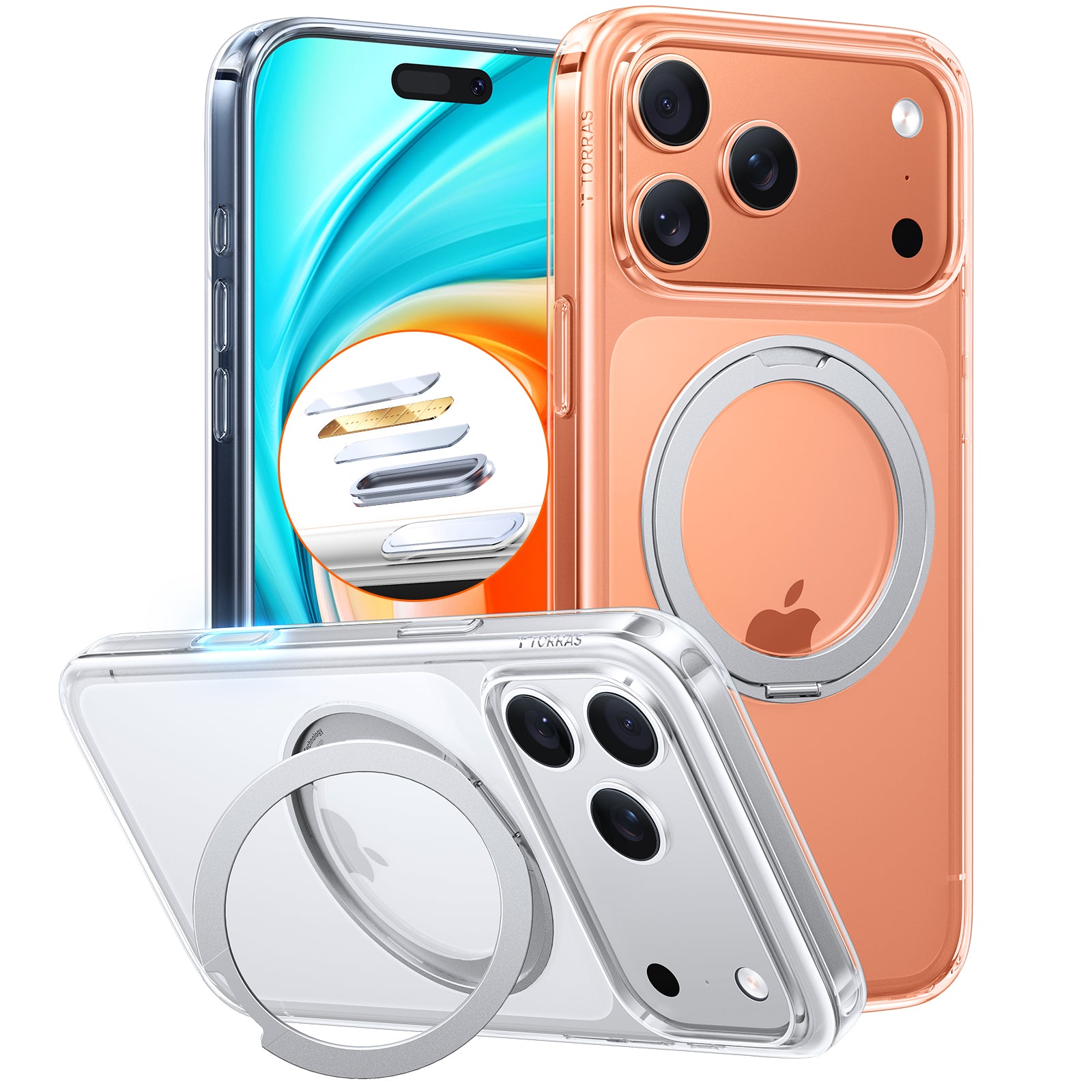 TORRAS Hoesje Geschikt voor Apple iPhone 17, 17 Pro en 17 Pro Max - Zwart, doorzichtig, oranje en blauw - UPro Ostand Pro - Compatibel met MagSafe - Back Cover met Magneet - 360° Draaibare Ring Standaard - Nieuw!