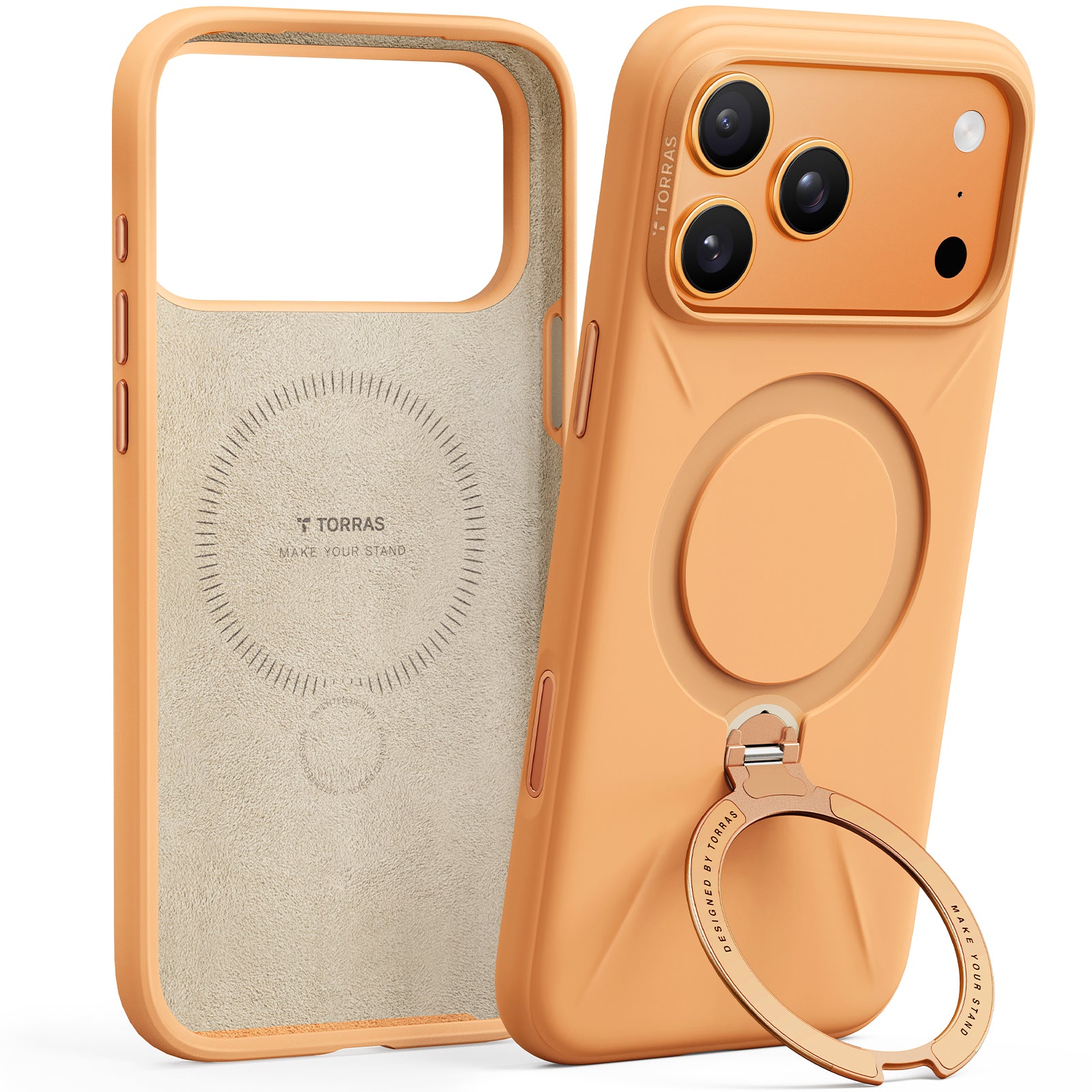 TORRAS Ostand Q Pro Silicone - Hoesje Geschikt voor Apple iPhone 17 Pro en 17 Pro Max - Zwart, Blauw en Oranje - Compatibel met MagSafe - 360° Draaibare Magnetische Standaard - Back Cover Kickstand Ring - NIEUW!