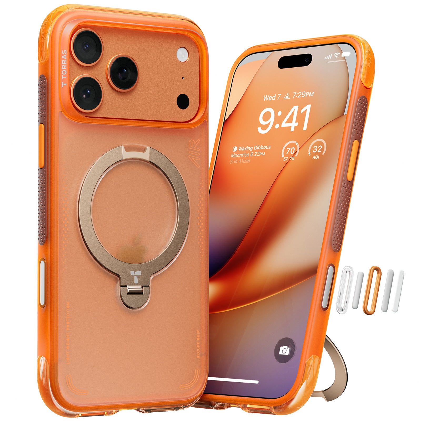 TORRAS Ostand Q3 Air orange Hoesje Geschikt voor Apple iPhone 17 Pro Max – Compatibel met MagSafe – 360° Draaibare Magnetische Standaard – Back Cover Kickstand Ring – AirCushion Hoeken - Shockproof NIEUW!