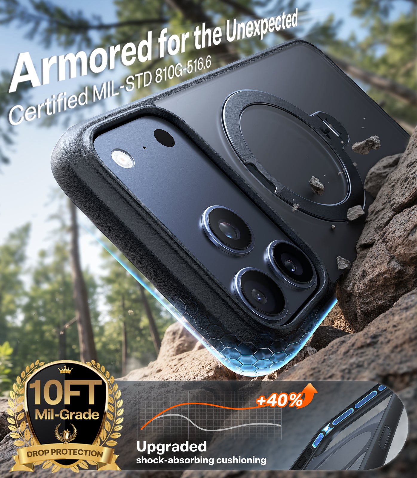 TORRAS UPro Ostand Spin Hoesje Geschikt voor Apple iPhone 17, 17 Pro en 17 Pro Max - Zwart, doorzichtig, blauw en oranje - Compatibel met MagSafe - 360° Draaibare Magnetische Standaard - Back Cover Kickstand Ring - NIEUW!