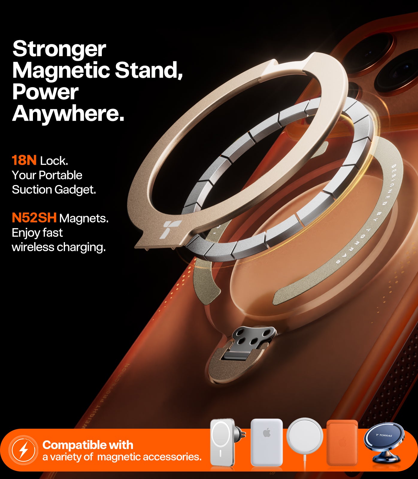 TORRAS Ostand Q3 Air orange Hoesje Geschikt voor Apple iPhone 17 Pro Max – Compatibel met MagSafe – 360° Draaibare Magnetische Standaard – Back Cover Kickstand Ring – AirCushion Hoeken - Shockproof NIEUW!