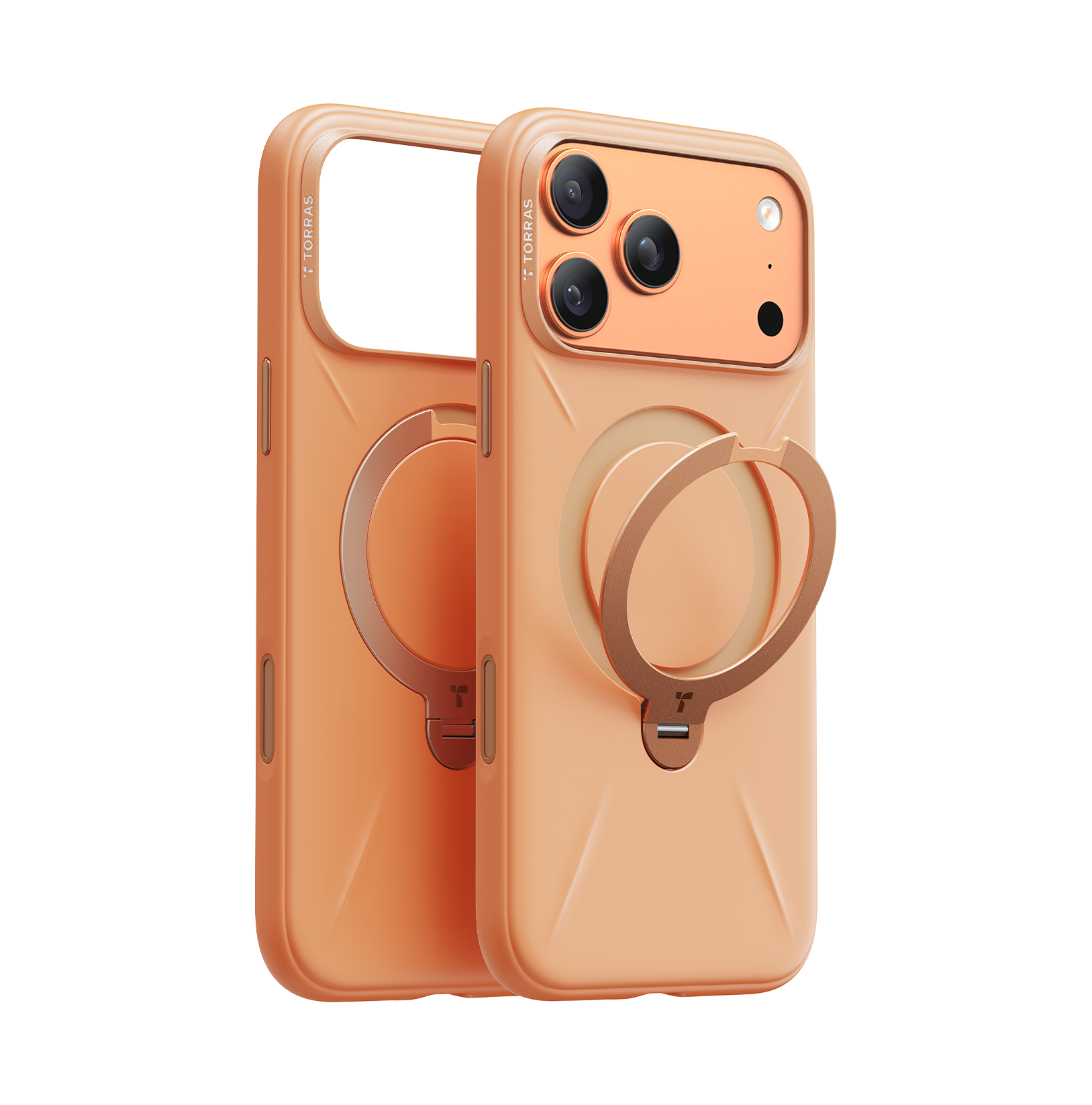 TORRAS Ostand Q Pro Silicone - Hoesje Geschikt voor Apple iPhone 17 Pro en 17 Pro Max - Zwart, Blauw en Oranje - Compatibel met MagSafe - 360° Draaibare Magnetische Standaard - Back Cover Kickstand Ring - NIEUW!