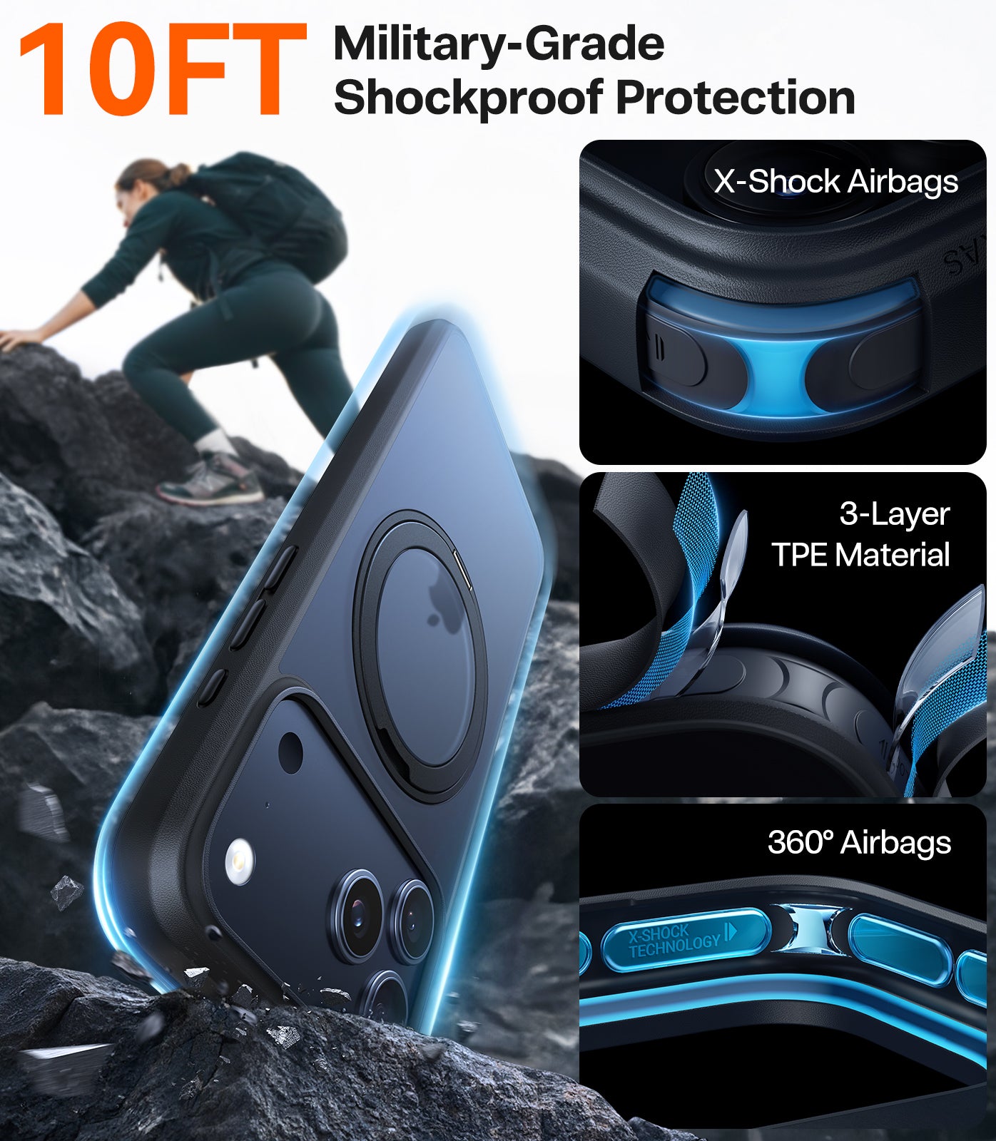 TORRAS Hoesje Geschikt voor Apple iPhone 17, 17 Pro en 17 Pro Max - Zwart, doorzichtig, oranje en blauw - UPro Ostand Pro - Compatibel met MagSafe - Back Cover met Magneet - 360° Draaibare Ring Standaard - Nieuw!