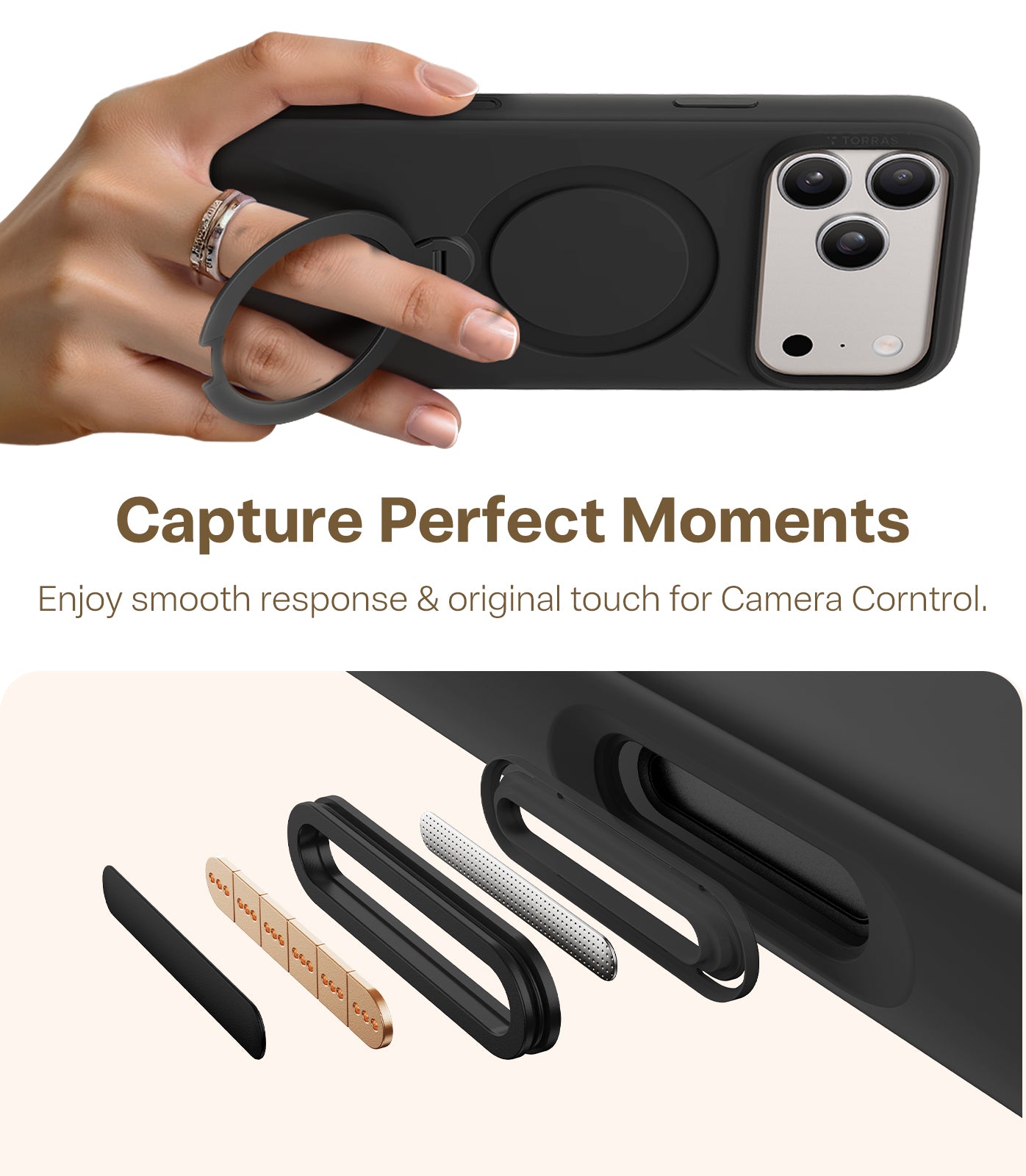 TORRAS Ostand Q Pro Silicone - Hoesje Geschikt voor Apple iPhone 17 Pro en 17 Pro Max - Zwart, Blauw en Oranje - Compatibel met MagSafe - 360° Draaibare Magnetische Standaard - Back Cover Kickstand Ring - NIEUW!