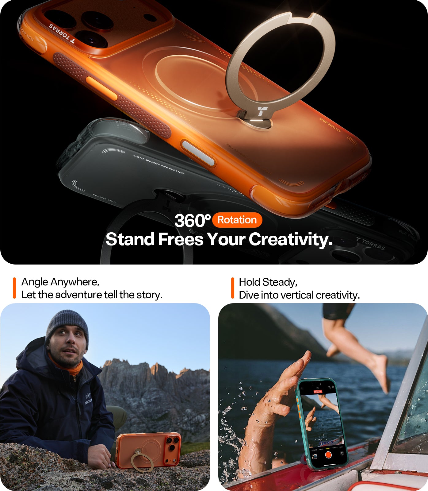 TORRAS Ostand Q3 Air Zwart Hoesje Geschikt voor Apple iPhone 17 Pro Max – Compatibel met MagSafe – 360° Draaibare Magnetische Standaard – Back Cover Kickstand Ring – AirCushion Hoeken - Shockproof NIEUW!